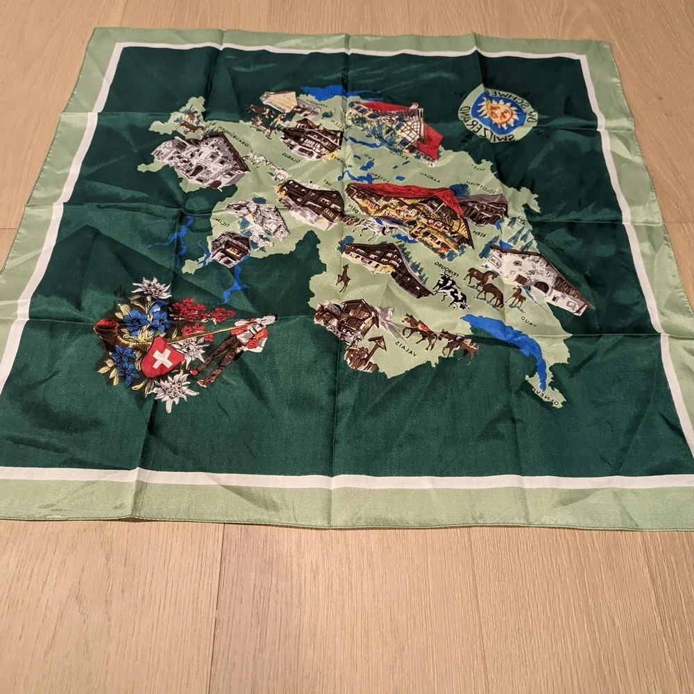 Green Silk Scarf with Swiss Map Design
